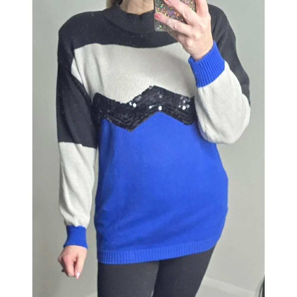 Vintage 90s Colorblock Sequin Sweater Chevron Maximalist